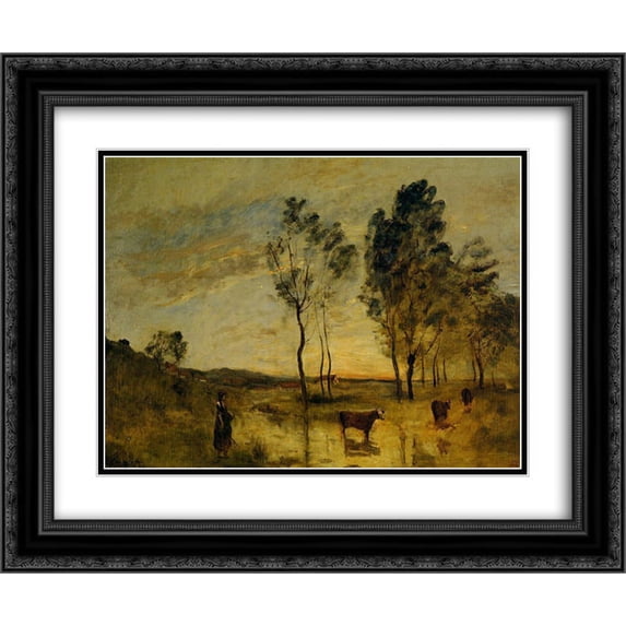 Camille Corot 2x Matted 24x20 Black Ornate Framed Art Print 'Le Gue (Cows on the Banks of the Gue)'