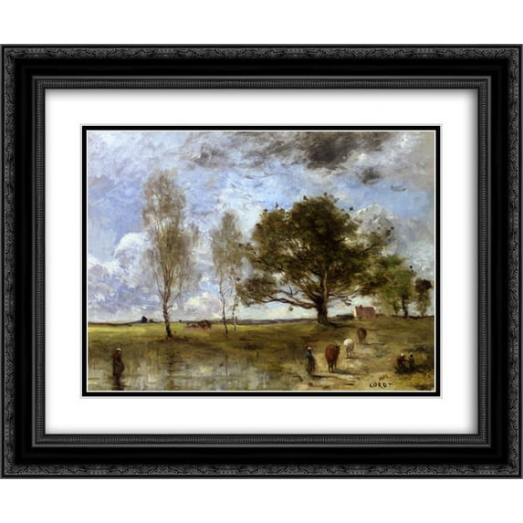Camille Corot 2x Matted 24x20 Black Ornate Framed Art Print 'The Cow Path'