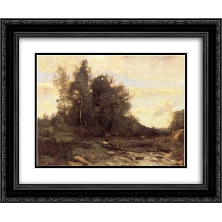 Camille Corot 2x Matted 24x20 Black Ornate Framed Art Print 'The Rocky Stream'