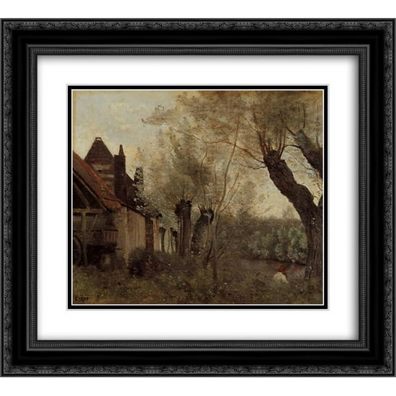 Camille Corot 2x Matted 24x20 Black Ornate Framed Art Print 'Willows and Farmhouses at Saint Catherine les Arras'