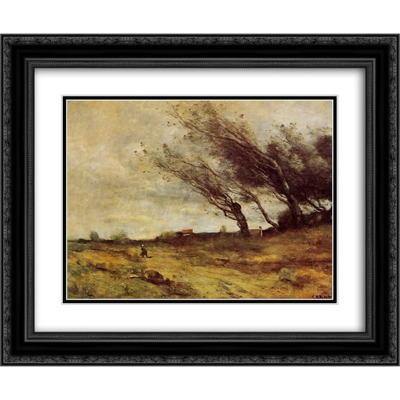 Camille Corot 2x Matted 24x20 Black Ornate Framed Art Print 'Windswept Landscape'