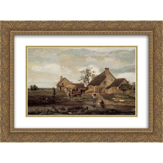 Camille Corot 2x Matted 24x20 Gold Ornate Framed Art Print 'A Farm in the Nievre'