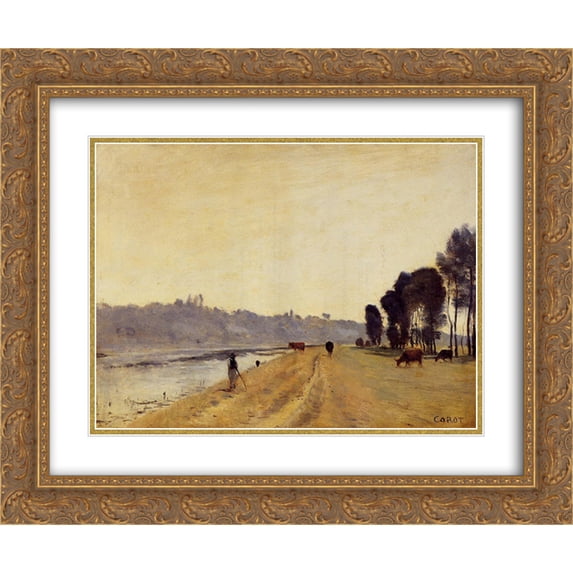 Camille Corot 2x Matted 24x20 Gold Ornate Framed Art Print 'Banks of a River'