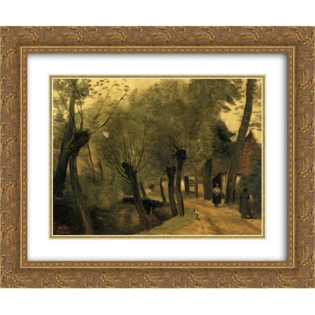 Camille Corot 2x Matted 24x20 Gold Ornate Framed Art Print 'LaBuissiere, near Bethune (pas de Calais) Lane Bordered by Willows'