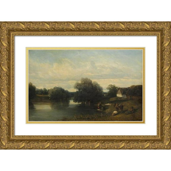 Camille Flers 24x17 Gold Ornate Framed and Double Matted Museum Art Print Titled - Cottage by the River with Washerwomen (1835)