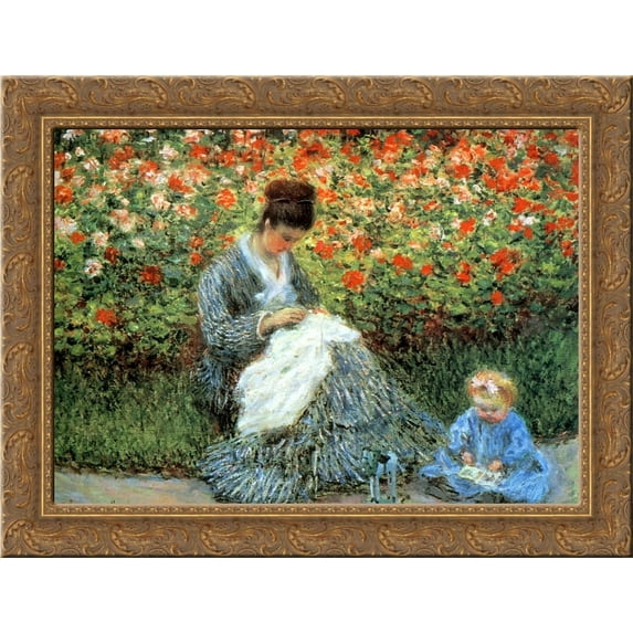 Camille Monet and a Child in the Artist╞s Garden in Argenteuil 24x20 Gold Ornate Wood Framed Canvas Art by Monet, Claude