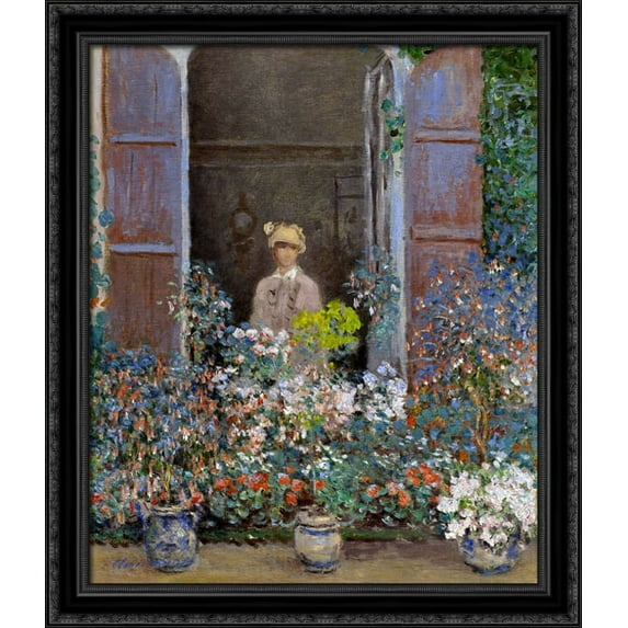 Camille Monet at the Window, Argentuile 28x34 Large Black Ornate Wood Framed Canvas Art by Claude Monet