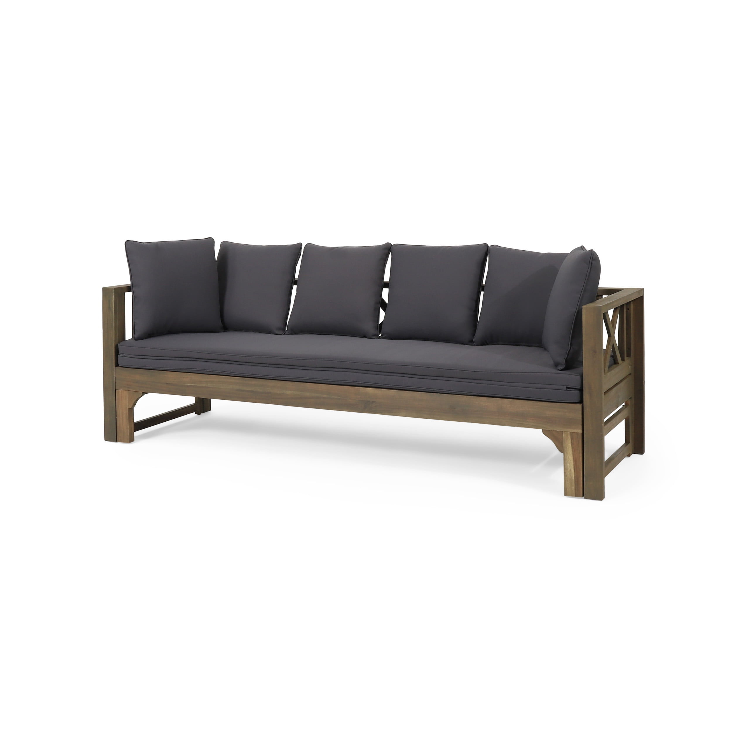 GDF Studio Camille Outdoor Sofa, Extendable Teal Daybed Wood Dark Teak and Acacia