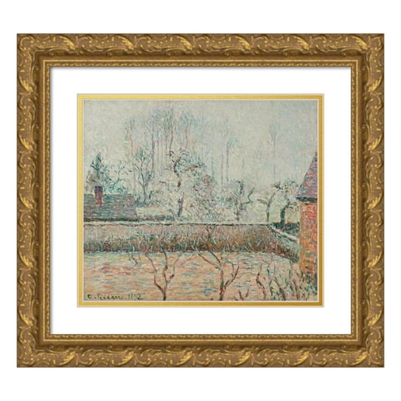 Camille Pissarro 14x12 Gold Ornate Wood Frame and Double Matted Museum Art Print Titled - Landscape with Houses and Fence Wall, Frost and Mist, Eragny (1892)