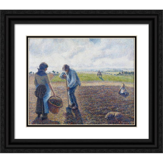Camille Pissarro 17x15 Black Ornate Wood Framed Double Matted Museum Art Print Titled - Peasants in the Fields, Eragny (Peasants in the Fields, Eragny) (1890)