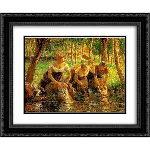 Camille Pissarro 2x Matted 24x20 Black Ornate Framed Art Print 'Laundring Women. Eragny sur Eptes'