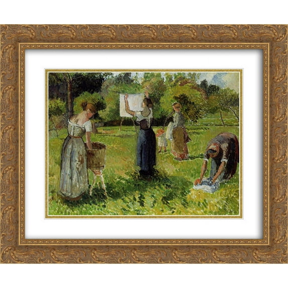 Camille Pissarro 2x Matted 24x20 Gold Ornate Framed Art Print 'Laundresses at Eragny'