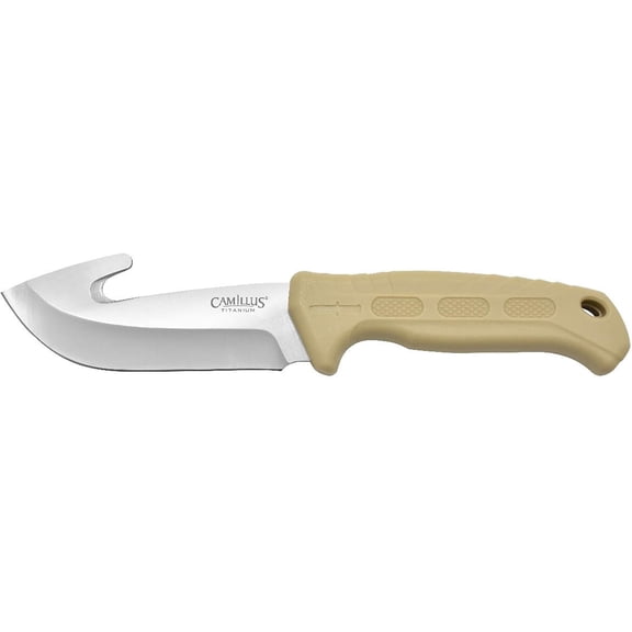 Camillus Roto Fixed Blade Knife 4" Drop Point with Gut Hook 420 Satin Blade TPR Overmold Handle Tan