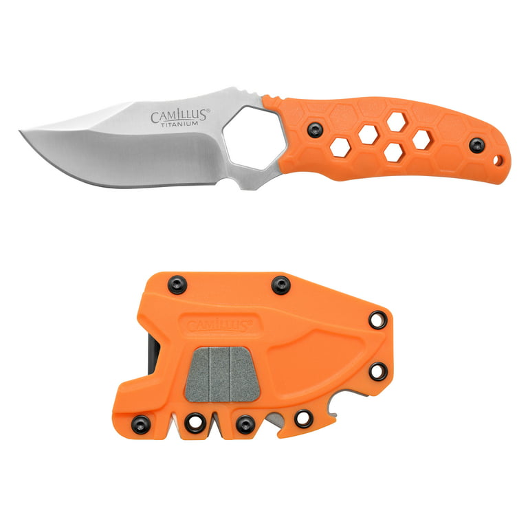 Camillus Comb 7.25 Fixed Drop-Point 3.5 Blade Knife with Sharpeners and  Hard Sheath, Orange 