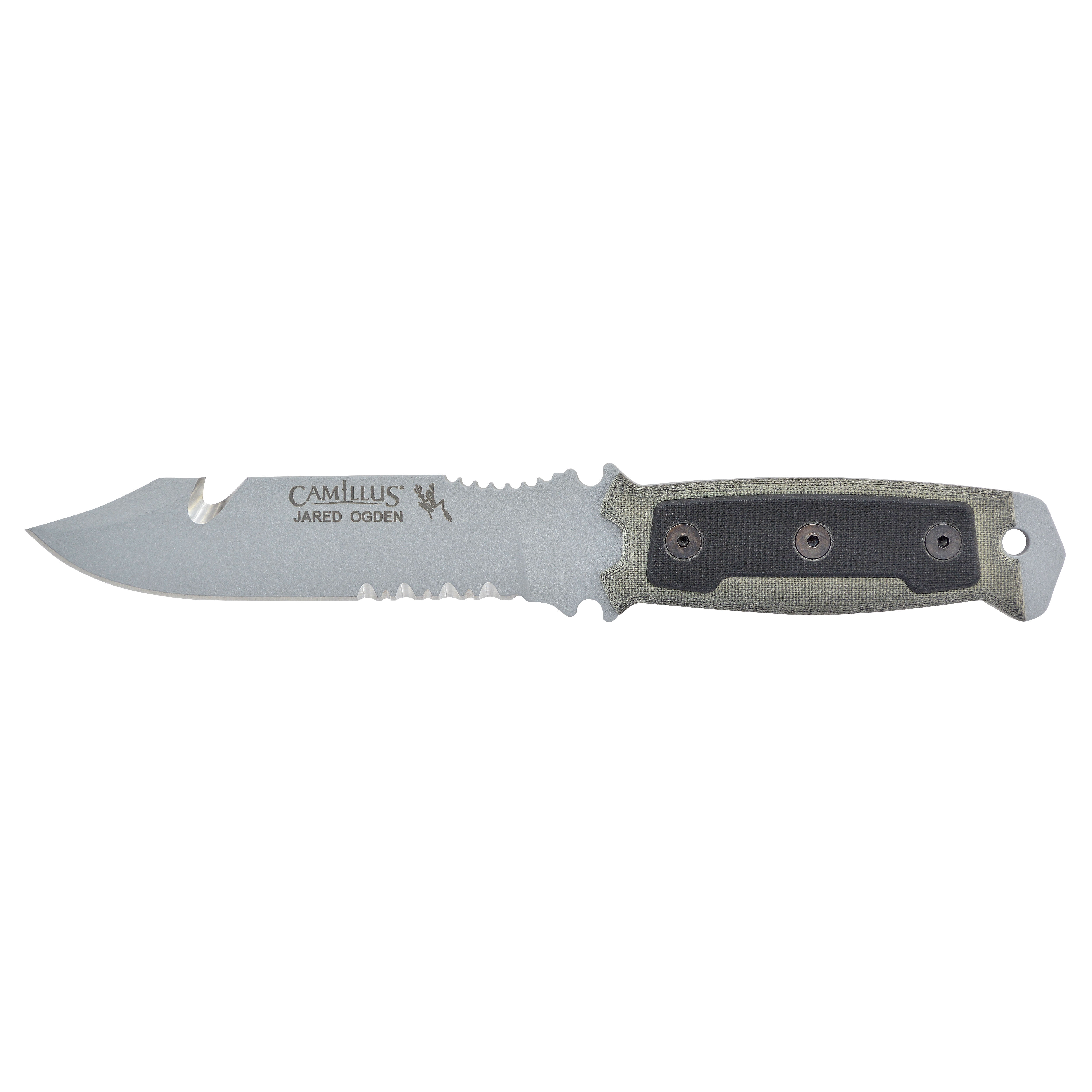 Camillus Skol 10.5" 1095 High Carbon Steel Fixed Knife with Molded Sheath, Micarta, G10 Inlay Handle, Partially Serrated Gut Hook, Hunting, Camping, Outdoors Activities, Survival Knife, 1-Count