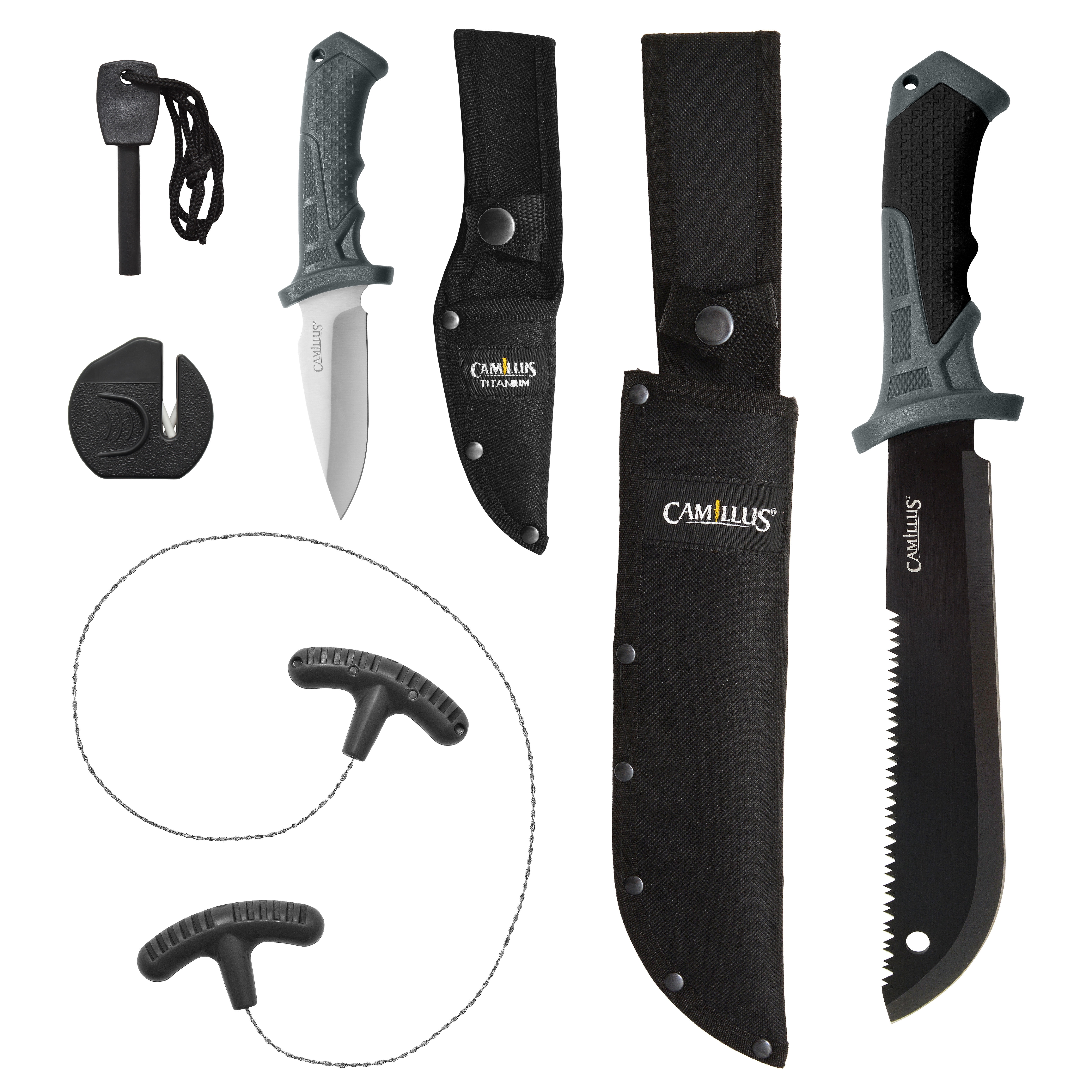 Camillus Survival Adventure Pack, Machete, Tactical Knife, Fire Starter,  Chain Saw, Sharpener, Black 