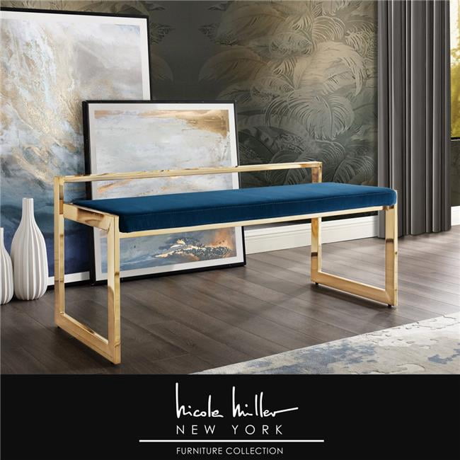 Posh Bench Posh Living Camilo Velvet and Stainless Steel Base Bench in Navy Blue ...