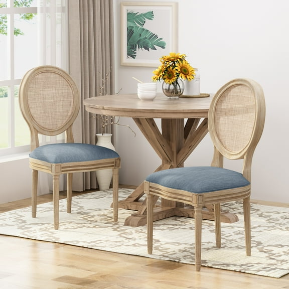 Camilo Wooden Dining Chair with Wicker and Fabric Seating (Set of 2), Light Blue and Natural