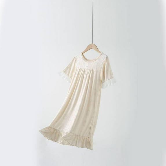 Camisón infantil de color liso con cuello redondo y manga larga para el hogar, informal y cómodo.