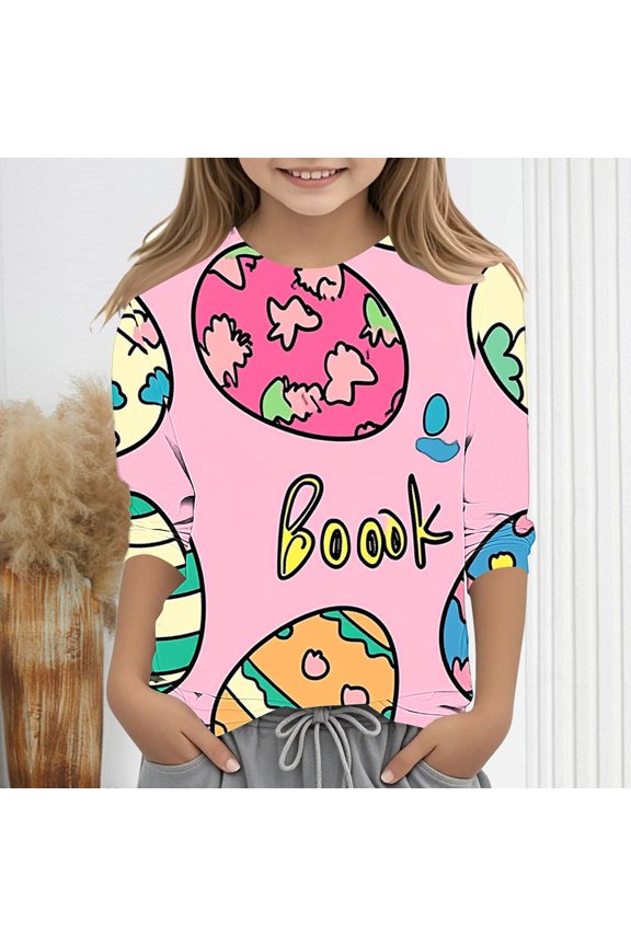 Camisa básica con cuello redondo y mangas 3/4 estampadas para niños, camiseta de manga larga con cuello redondo