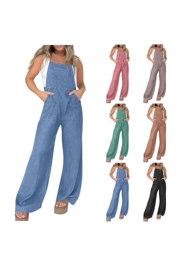 Camisas Para Hombres! QATAINLAV Women's Denim Bib Overalls Casual Loose Adjustable Straps Wide Leg Jean Jumpsuits Solid Color Onesie Jeans Work Clothes Blue S