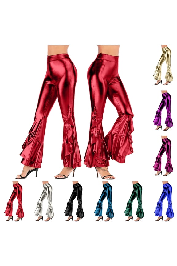 Womens Vintage Shiny Bell Bottom Trousers Casual High Waisted Dance Bootcut Ruffle Flare Pants Blue S