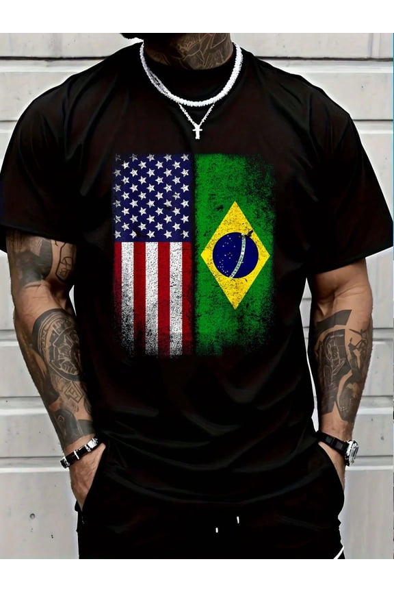 Camiseta con estampado de la bandera de Brasil y Estados Unidos, cuello redondo de manga corta, uso casual, adecuada para todas las estaciones, ropa de hombre