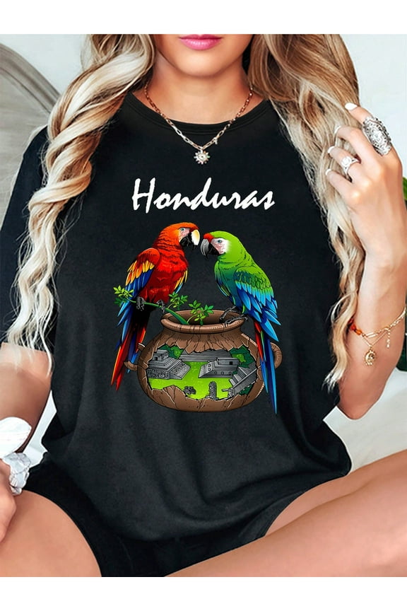 Camiseta de 100% algodón con estampado de loro inspirado en Honduras para mujer - Cuello redondo casual, manga corta, colección primavera/verano, mezcla de algodón elástico