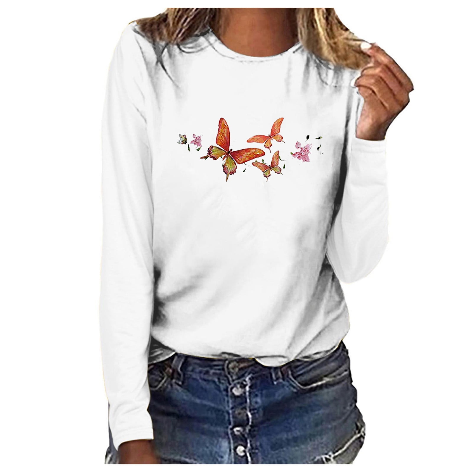 Camiseta informal de manga larga con estampado de mariposa y