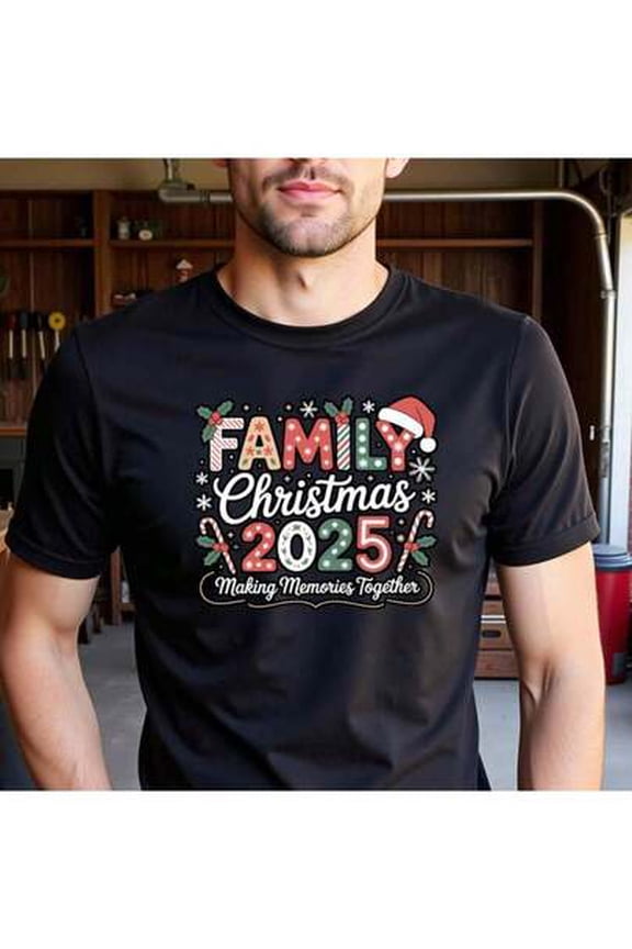 Camiseta negra de Navidad 2025 para hombres - Camiseta de cuello redondo de algodón pesado de 180 g/m² con diseño de gorros de Papá Noel y copos de nieve - Camisa casual para todo el año para Acción