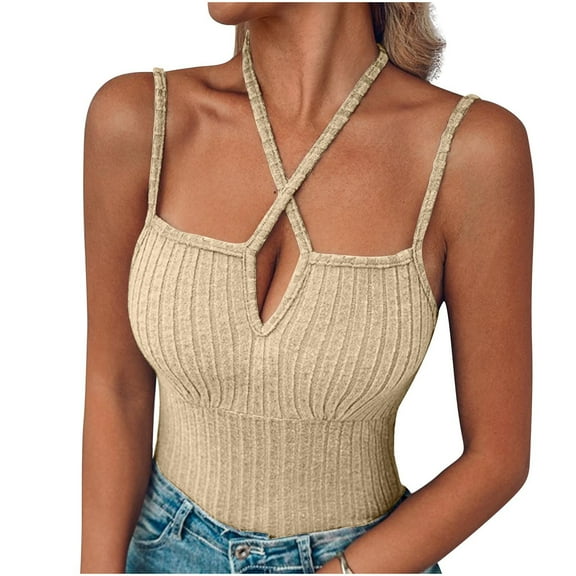 Camisole For Womens Adjustable Shoulder Straps Tank Tops Workout Cropped Ribbed Summer Camisole Sleeveless Tops Trendy Queen Khaki S