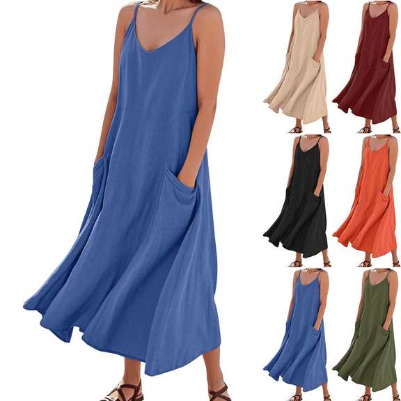 Maxi Dresses for Women Solid Color Women's Spaghetti Strap Dress with Side Pockets Strappy Dress Cotton Linen Summer Vacation Beach Party Plus Size S-XXXL