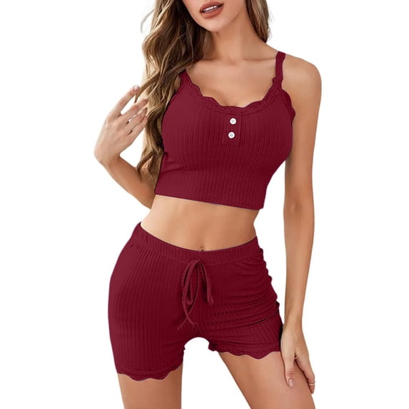 Camisole Shorts Pajamas Sets for Women Sexy Lace Trim Crop Top Summer Ribbed Knit Sleepwear 2 Piece Pjs Lounge Set
