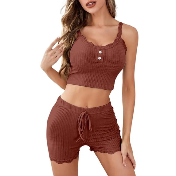 Camisole Shorts Pajamas Sets for Women Sexy Lace Trim Crop Top Summer Ribbed Knit Sleepwear 2 Piece Pjs Lounge Set