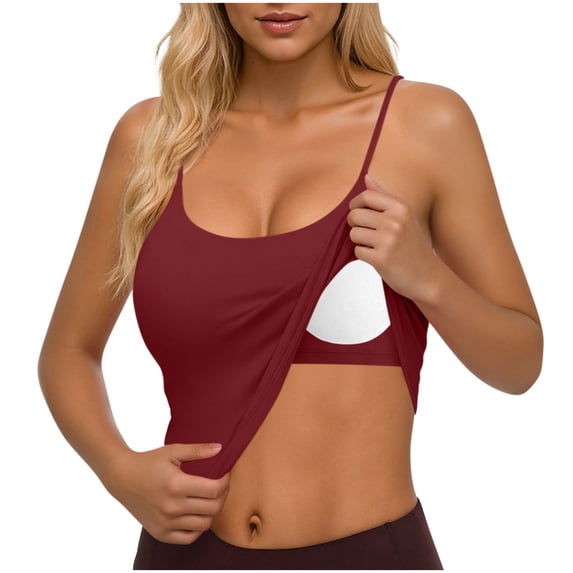 Camisole Tank Tops with Built Bra Women Summer Sleeveless Cropped Tee U-Neck Spaghetti Strap Base Layer (XL, Wine)