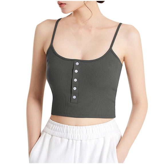 Camisole Tank with Built in Bra Ribbed Tops for Women Button Square Neck Going Out Spaghetti Strap Cami Undershirt