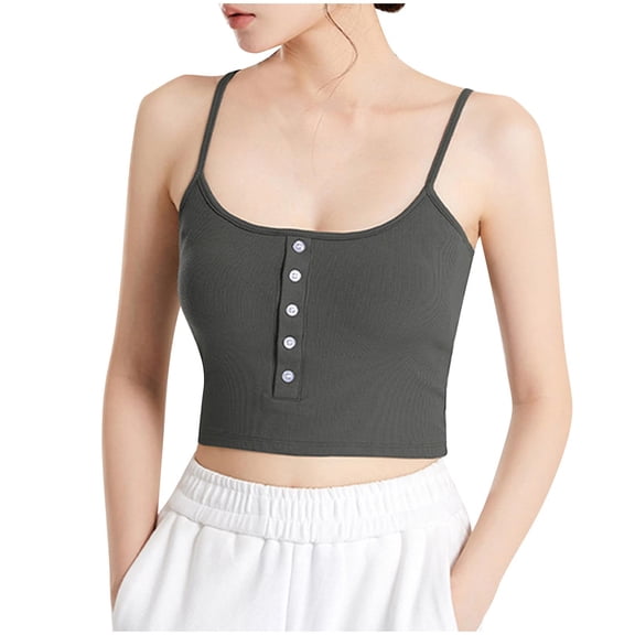 Camisole Tank with Built in Bra Ribbed Tops for Women Button Square Neck Going Out Spaghetti Strap Cami Undershirt