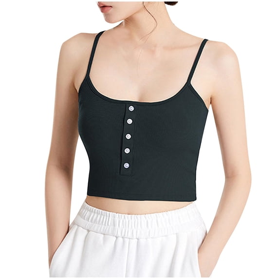 Camisole Tank with Built in Bra Ribbed Tops for Women Button Square Neck Going Out Spaghetti Strap Cami Undershirt