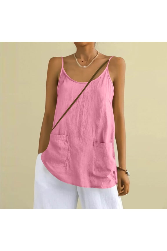 Camisole Top for Women Oversized Crewneck Cotton Linen Spaghetti Strap Tank Top Summer Casual Solid Plus Size Loose Comfy Beach Vacation Camis Tanks