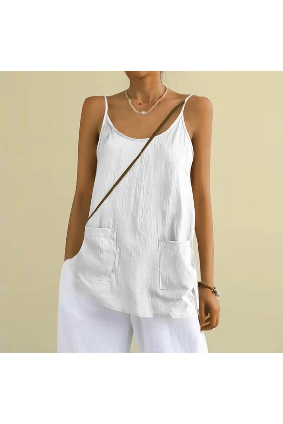Camisole Top for Women Oversized Crewneck Cotton Linen Spaghetti Strap Tank Top Summer Casual Solid Plus Size Loose Comfy Beach Vacation Camis Tanks