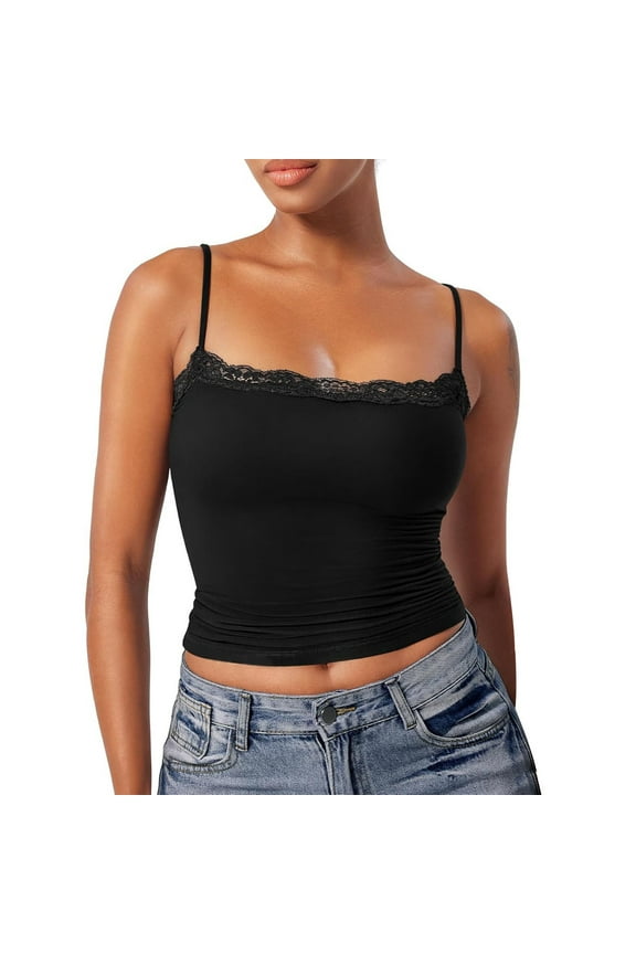 Camisole Tops For Women Lace Top Double Lined Tank Top Spaghetti Strap Club Shirt Square Neck Vest