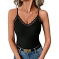 thumbnail image 1 of Camisole Tops For Women Sevevn Women's Ribbed Knit Lace Trim Cami Top V-Neck Spaghetti Strap Tank Top Black XL, 1 of 6