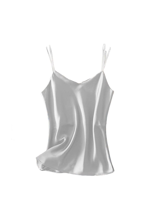 Camisole Tops For Women Sevevn Women's Satin Silk Camisole Double Strap V-Neck Tank Top Silver M