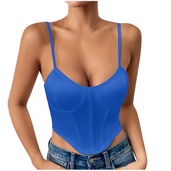 Camisole Tops For Women Sevevn Women's Solid Color Corset Crop Top Spaghetti Strap Bustier Blue M