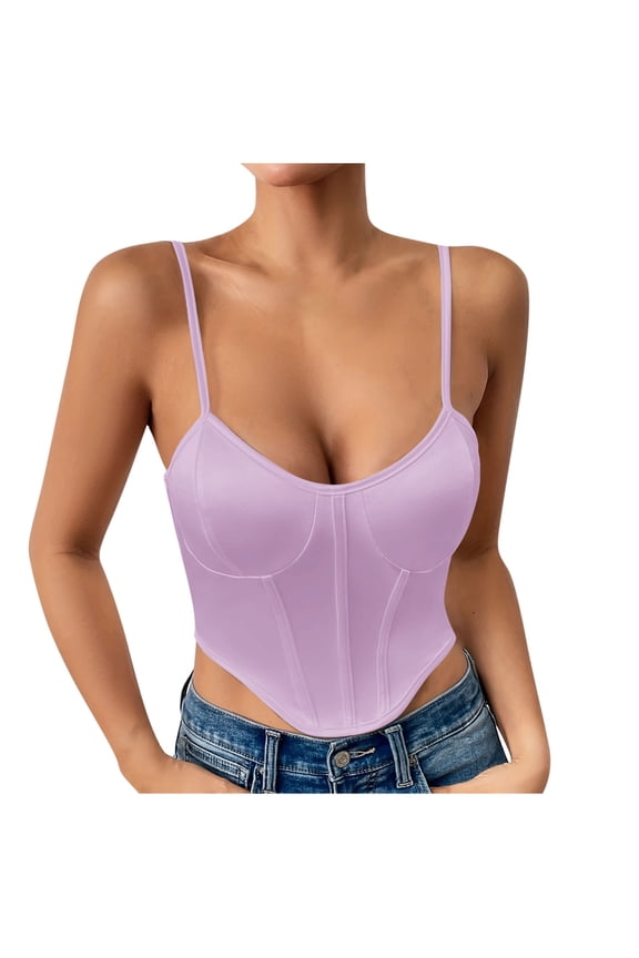 Camisole Tops For Women Sevevn Women's Solid Color Corset Crop Top Spaghetti Strap Bustier Purple L