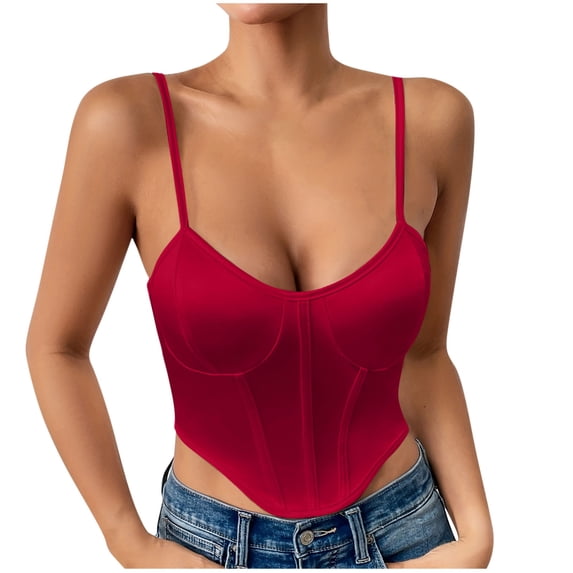 Camisole Tops For Women Sevevn Women's Solid Color Corset Crop Top Spaghetti Strap Bustier Wine M