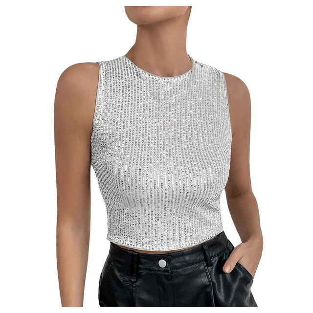 Camisole Tops For Women Women's Sparkly Sequin Crop Tank Top Sleveless Going Out Tops