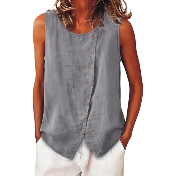 Camisole Tops For Women Casual Gray Cotton Linen Tank For Comfy Wear Sleeveless Crewneck Shirt Blouse Loose Fit Buttoned Decorative Vest Summer Tops For Women