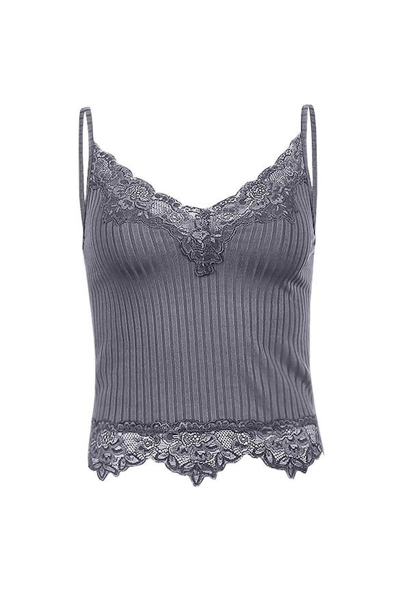 Camisole Tops for Women Lace Cami V-Neck Soft Comfy Slim-Fit Tank Tops Sleeveless Spaghetti Strap Ribbed Undershirts Solid Color Wireless Lace Push Up Camisole Everyday Underwear Gray S