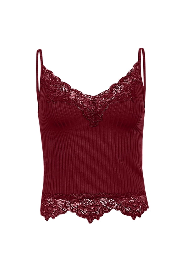 Camisole Tops for Women Lace Cami V-Neck Soft Comfy Slim-Fit Tank Tops Sleeveless Spaghetti Strap Ribbed Undershirts Solid Color Wireless Lace Push Up Camisole Everyday Underwear Wine L